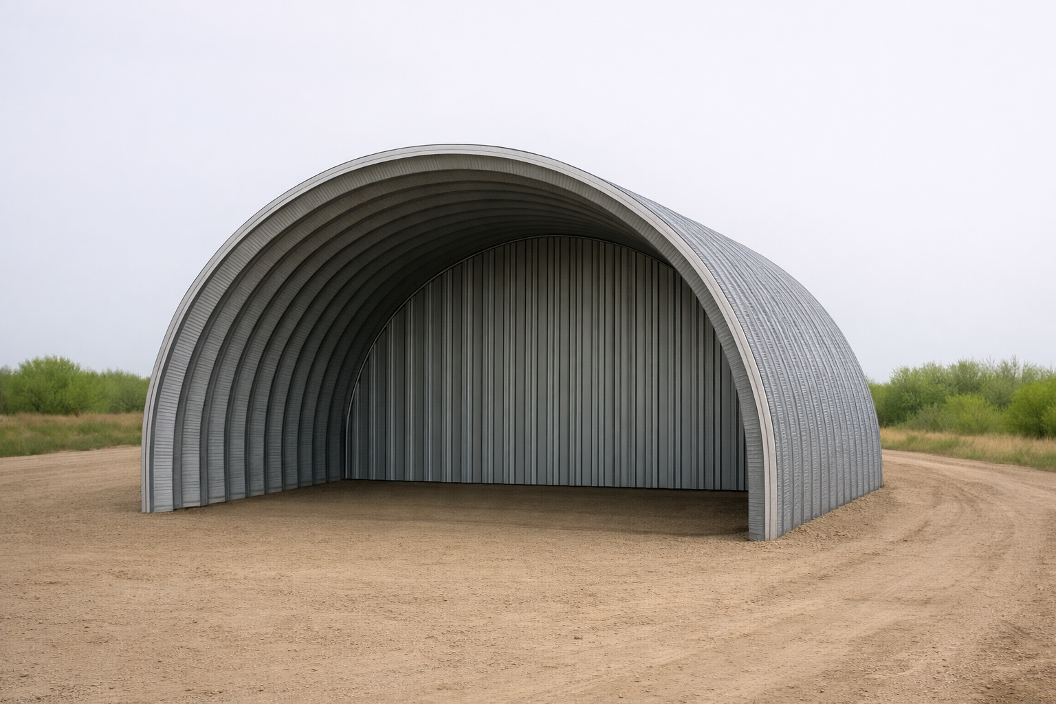 Arched farm shelter with galvanised K-Span roof panels