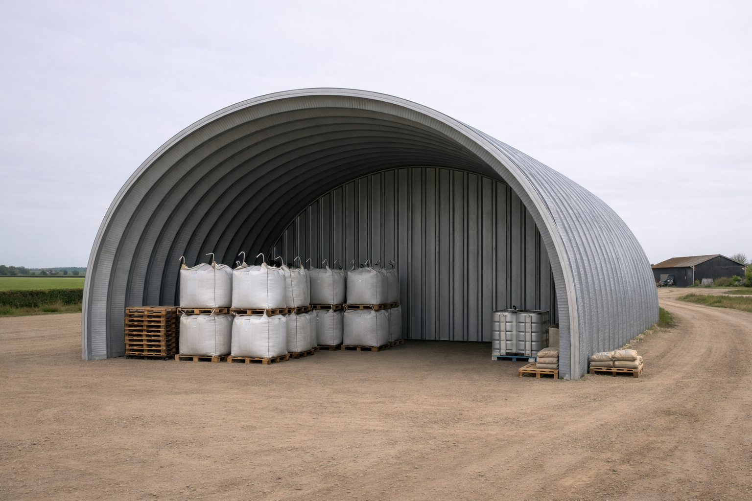 Storage shelter with self-supporting curved steel roof